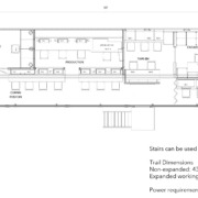 Floor plan of a mobile studio trailer showing labeled rooms: Audio, Production, Tape RM, Engineering, and viewing/vid areas with stairs at ends.