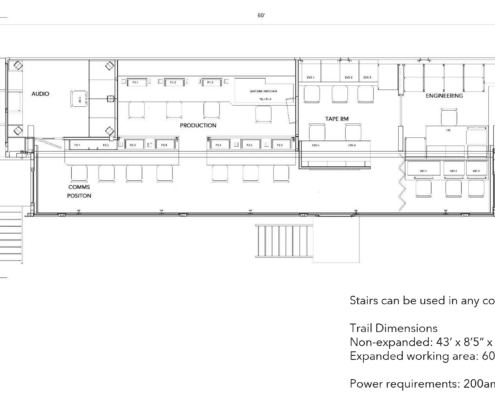Floor plan of a mobile studio trailer showing labeled rooms: Audio, Production, Tape RM, Engineering, and viewing/vid areas with stairs at ends.
