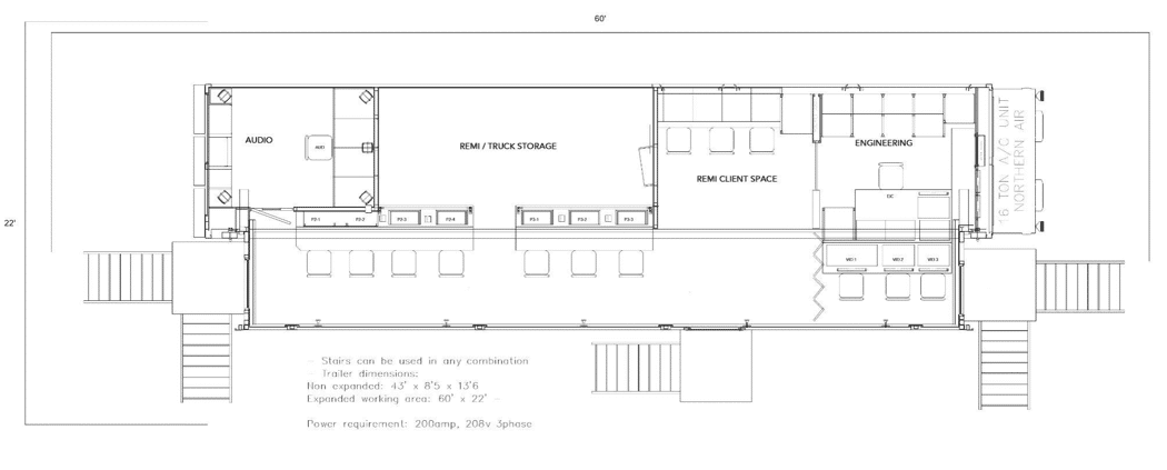 Floor plan of a mobile production trailer showing Audio, REMI/Truck Storage, REMI Client Space, and Engineering areas with stairs at both ends.