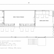 Floor plan of a mobile production trailer showing Audio, REMI/Truck Storage, REMI Client Space, and Engineering areas with stairs at both ends.