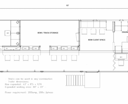 Floor plan of a mobile production trailer showing Audio, REMI/Truck Storage, REMI Client Space, and Engineering areas with stairs at both ends.